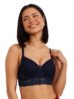 Clovia Women's Lace Padded Non-Wired Halter Neck Bralette with Lace in Blue