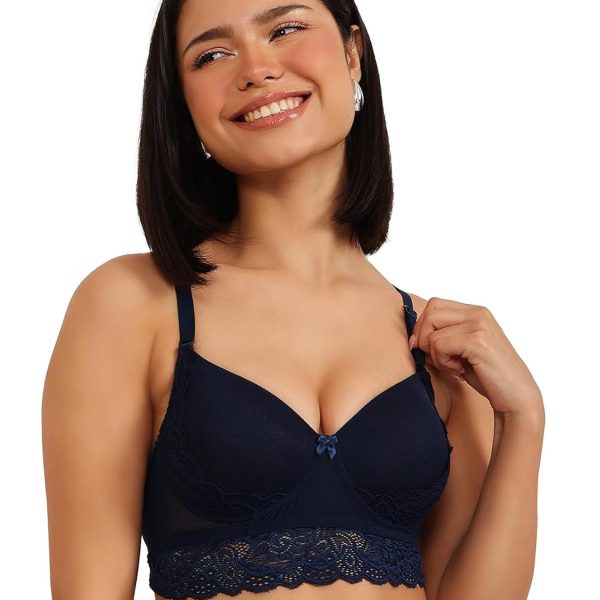 Clovia Women's Lace Padded Non-Wired Halter Neck Bralette with Lace in Blue