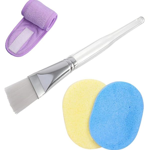 SITOLO Face Mask Pack Applying Brush, Facial Sponges For Cleansing FaceMakeup remover, Reusable Adjustable Facial Spa Headband (1 Brush+1 Headband+2 Sponges)