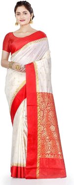 AS Aishwarya Sarees Women's Gorod Lal Paar Bengali Durga Puja In White And Red With Blouse Piece. Goroder Silk Saree. Soft & Lightweight