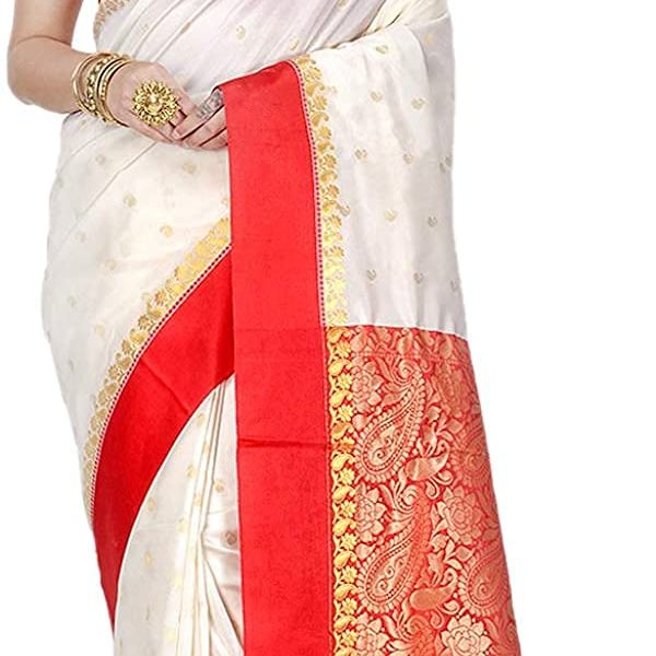 AS Aishwarya Sarees Women's Gorod Lal Paar Bengali Durga Puja In White And Red With Blouse Piece. Goroder Silk Saree. Soft & Lightweight
