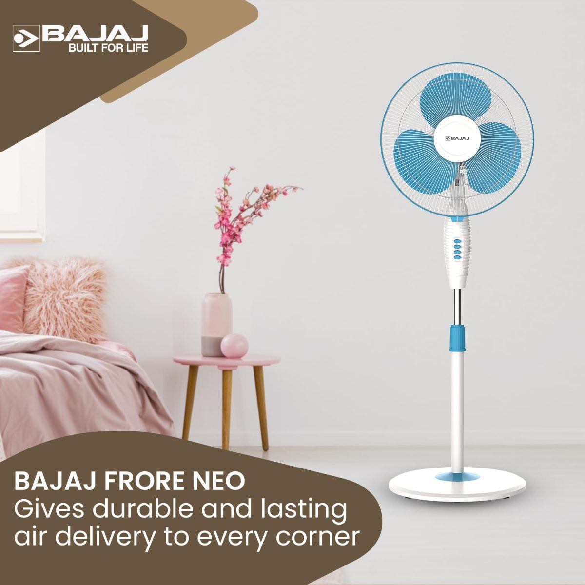 Bajaj Frore Neo 400 MM Oscillating Pedestal Fan For Home | Aerodynamically Balanced Blades | 100% Copper Motor | High Air Delivery | 3-Speed Control | Rust Free | 2 Yrs Warranty 【Blue】 - Image 2