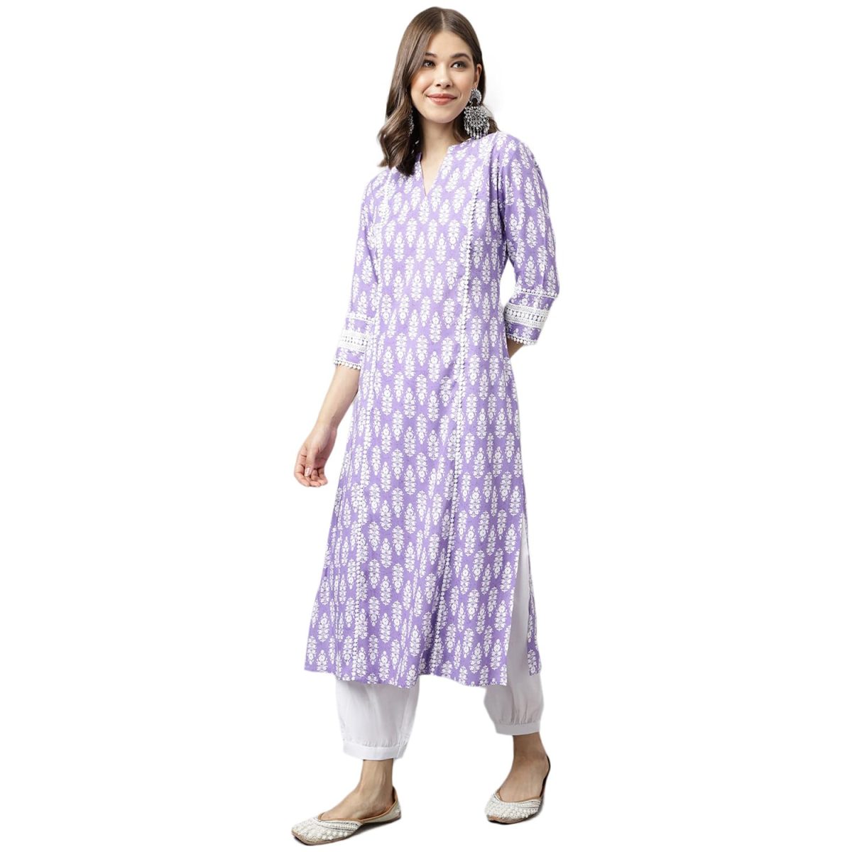 FIORRA Women's Light Purple Cotton A-Line Kurta with Pant - Image 4