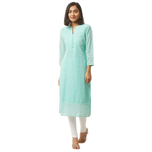 ZOLA Exclusive Georgette V Neck with 3/4th Sleeves and Calf Length Lucknowi Chikankari Ethnic Wear Straight Kurta for Women Pack of 1