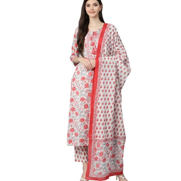 Divena White Floral Printed Kurta Pant Set with Dupatta