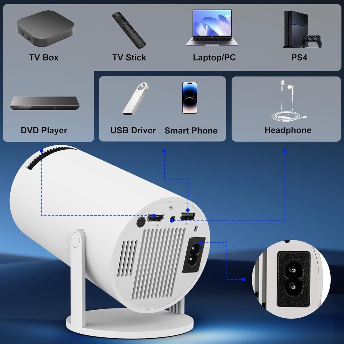 Portable Mini Projector, 4K 1080P Full HD Projector, Support Video Projector, WiFi 5G BT 5.0, Cinema Projector 180° Can Be Rotated, Android 11, Compatible with TV Stick/Windows/iOS/Android (Multi) - Image 8