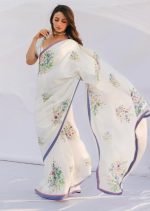 SATAZ Women's Ready to Wear White Floral Satin Silk One Minute Readymade Alia Bhatt Saree With Unstitched Blouse - Image 3