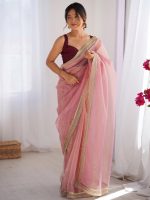 AKHILAM Women's Shimmer Net Solid Saree With Unstitched Blouse Piece - Image 3