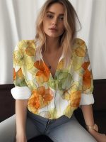 Gufrina Women's Floral Printed Button Down Western Shirt with Collar Neck and Rolled-Up Long Sleeves in Relaxed Fit - Image 2