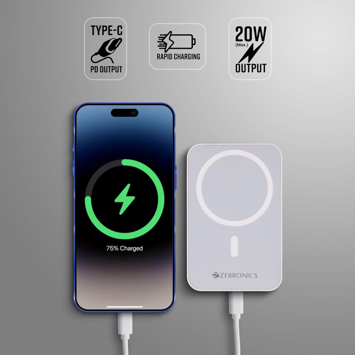 ZEBRONICS MW63 Wireless Power Bank, 10000 mAh, Rapid Charge, Magsafe, Outputs - 20W Wired | 15W Wireless, Type C PD, Built in Protections, LED Indicator, Compatible with iPhone -USB Type-C Input - Image 4