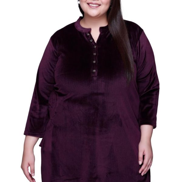 In Love Women's Plus Size Velvet Kurti - Warm Full Sleeve Solid Color Winter Wear