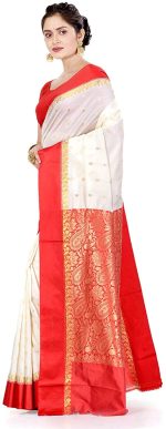 AS Aishwarya Sarees Women's Gorod Lal Paar Bengali Durga Puja In White And Red With Blouse Piece. Goroder Silk Saree. Soft & Lightweight - Image 3