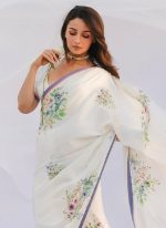 SATAZ Women's Ready to Wear White Floral Satin Silk One Minute Readymade Alia Bhatt Saree With Unstitched Blouse - Image 4