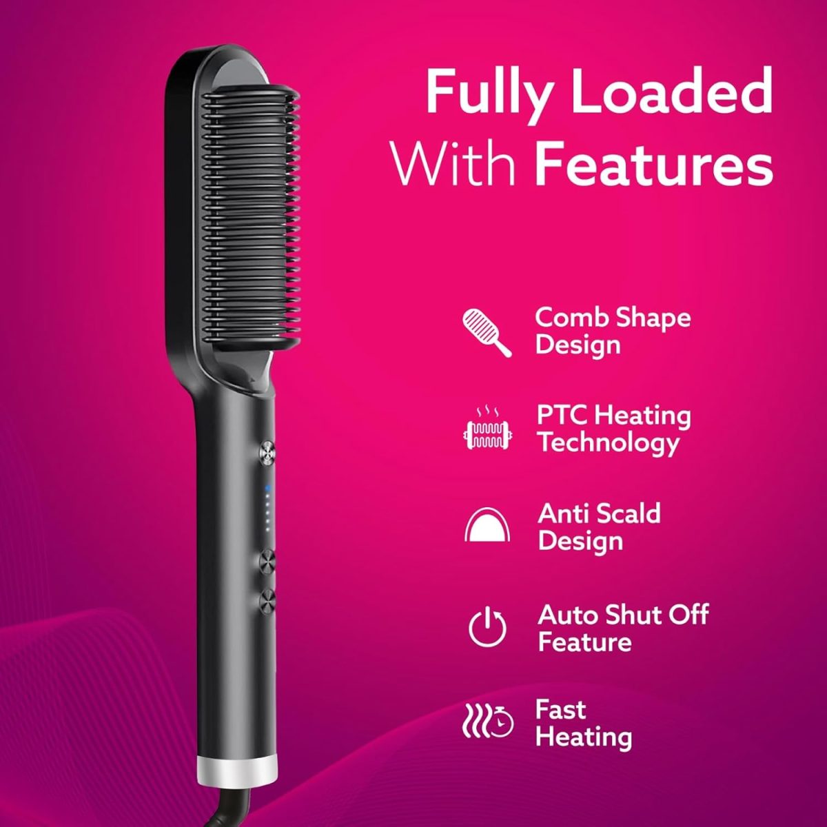 AGARO Hair Straightening Brush, Hair Straightening Comb For Women, Fast Heating, Ionic Care, 5 Heat Settings, Hair Straightener, Hot Brush, Gives Naturally Straight Hair in 5 Mins, Black, HSB2107 - Image 6