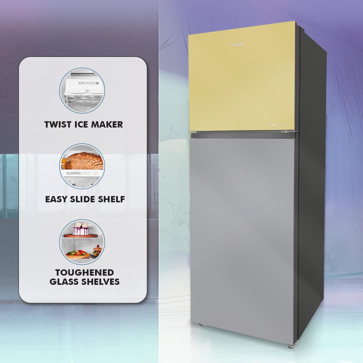 Haier 328 L, 3 Star, Convertible 10-in-1, Triple Inverter & Fan Motor Technology, Frost Free Double Door Refrigerator (HRF-3783YGG-P, Yellow Grey Glass) - Image 4