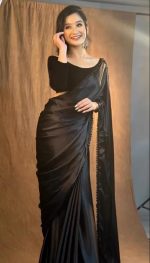 SATAZ Women's Ready to Wear Black Satin Silk 1 Minute Pre Pleated Heavy Saree With Hand Work Lace - Image 6