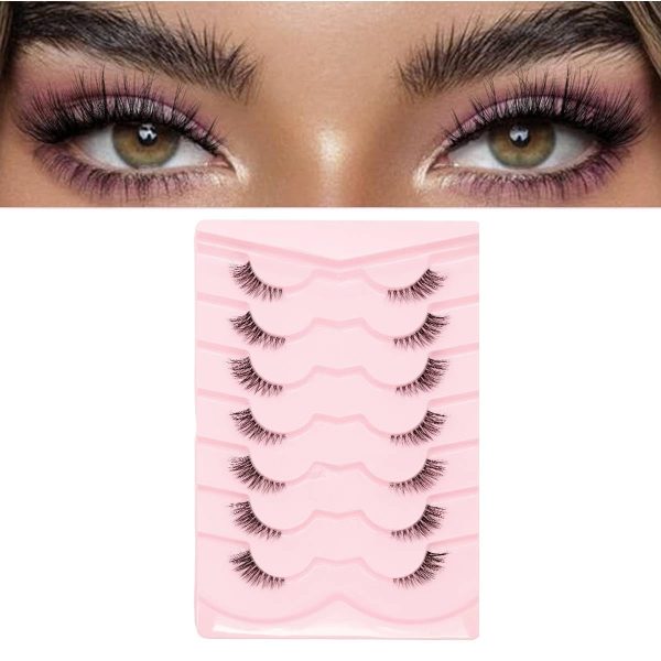 MAYCREATE® 7 Pairs False Eyelashes Natural Cat Eye Half Lashes Fluffy Wispy Clear Band 3D Faux Mink Lashes Pack Soft Strips Handmade Soft Fake Eyelashes