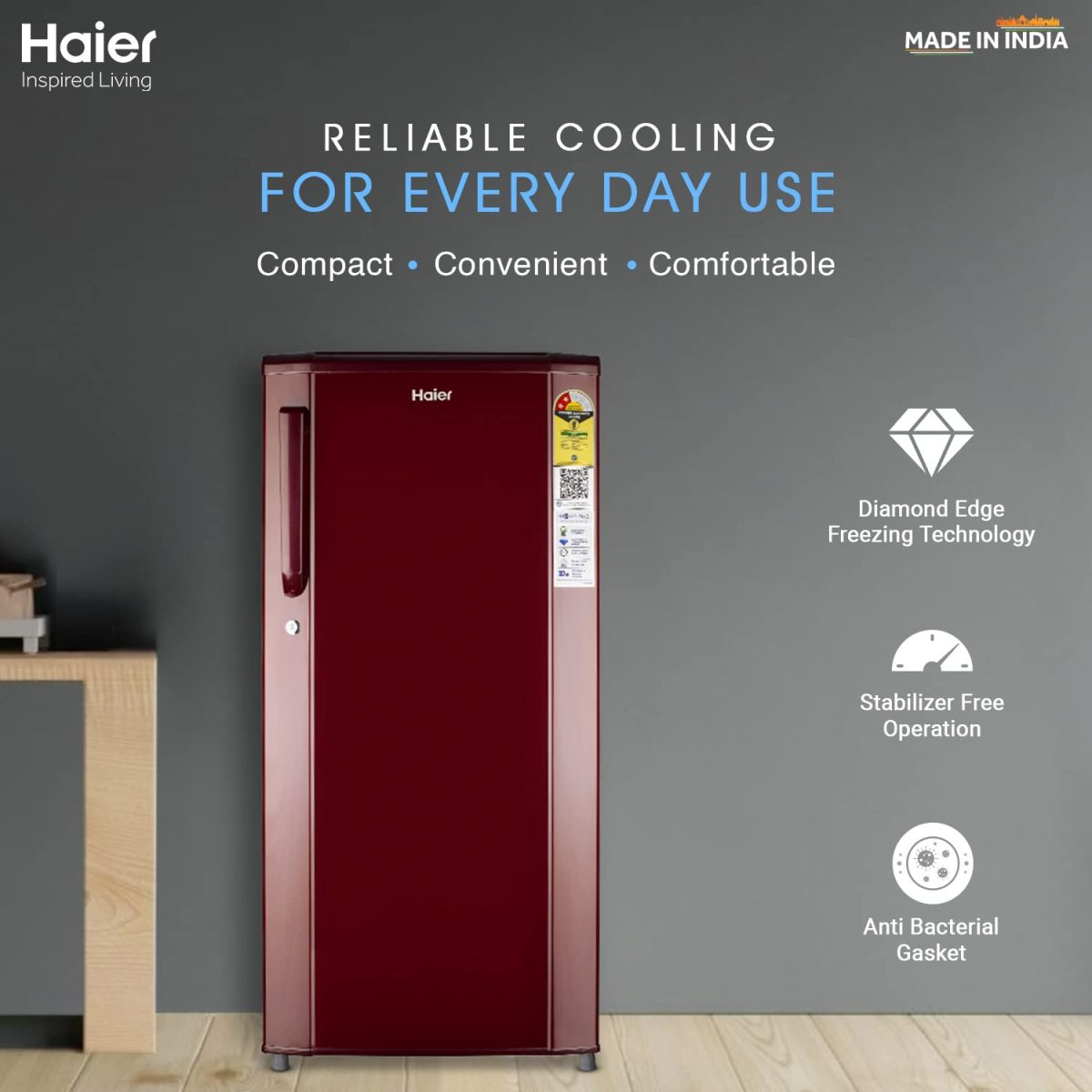 Haier 185 L 2 Star Direct Cool Single Door Refrigerator Appliance (2023 Model, HED-192RS-P, Red Steel) - Image 2