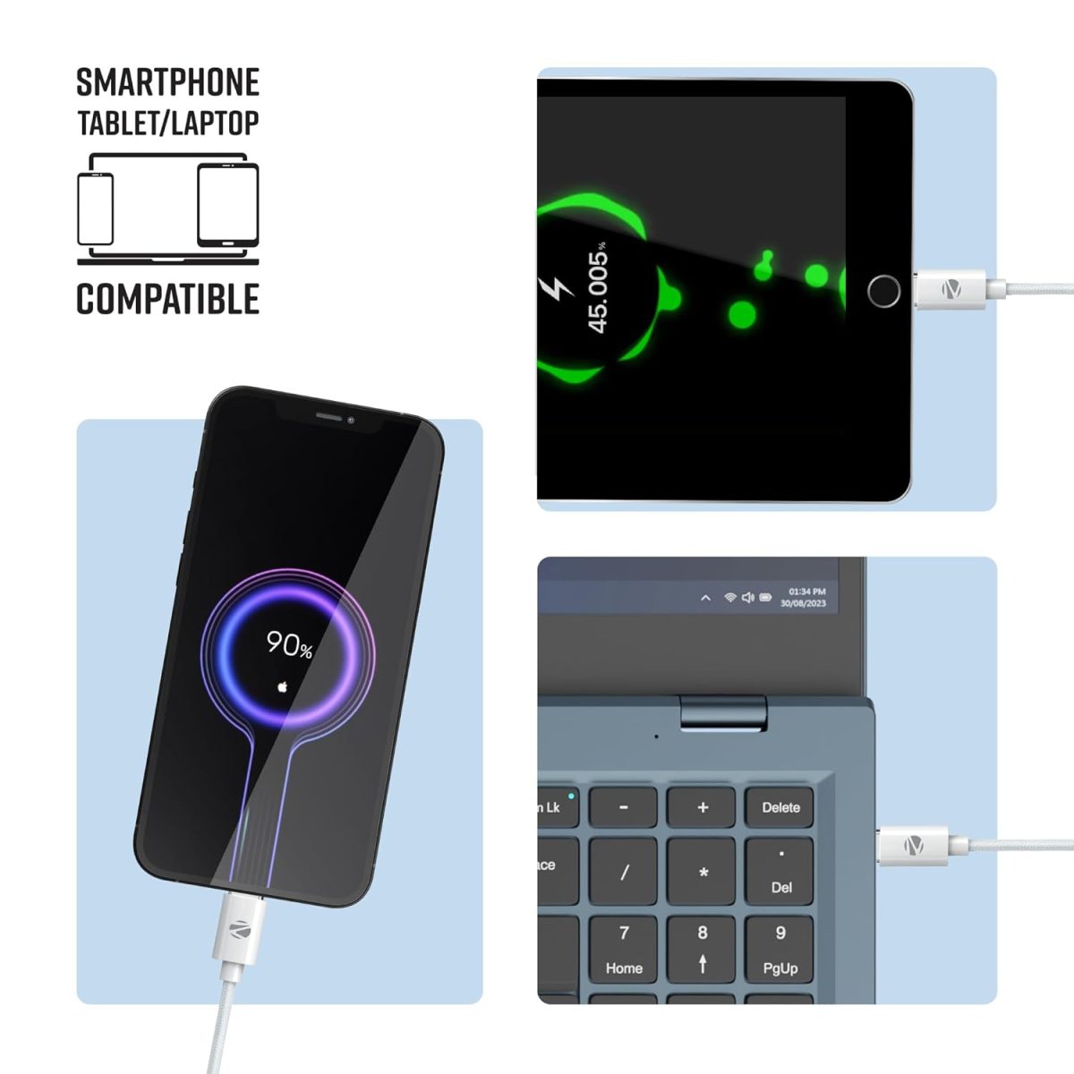 ZEBRONICS Type C to Type C Strong Braided Cable, 60W PD Fast Charging Cable, for iPhone 16 Series, 15 Series, iPad, MacBook, Samsung, Other Android Devices, Data Sync, 1M (ZEB-TT60+), White - Image 7