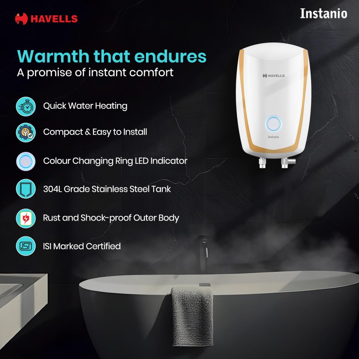 Havells Instanio 3L Instant Water Heater(Geyser)|Temp. Sensing LED Indicator| Rust & Shock Proof Body| ISI Marked|Warranty:5 year on Inner Tank| High Rise Compatible(White Mustard) - Image 2