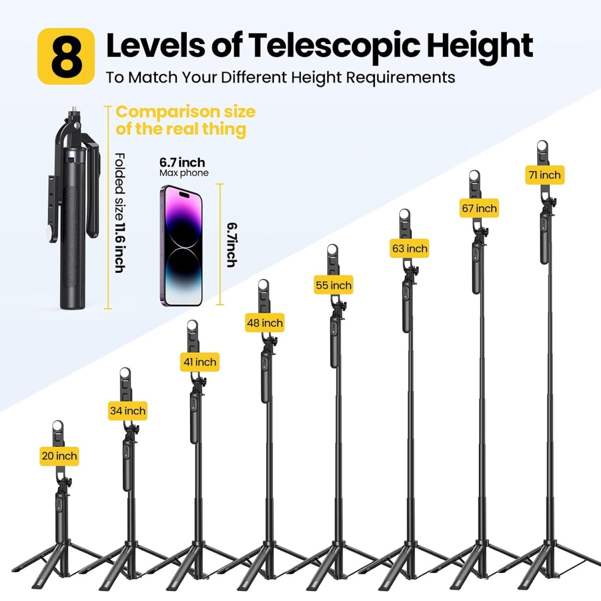 KINGONE Long Selfie Stick with Tripod Stand Aluminum 71inch/180cm, 360° Degree Rotation Selfie Stick Tripod for Phone, Rechargeable Remote & LED Fill Light, 1/4" Screw for Camera Gopro for Vlogging - Image 4