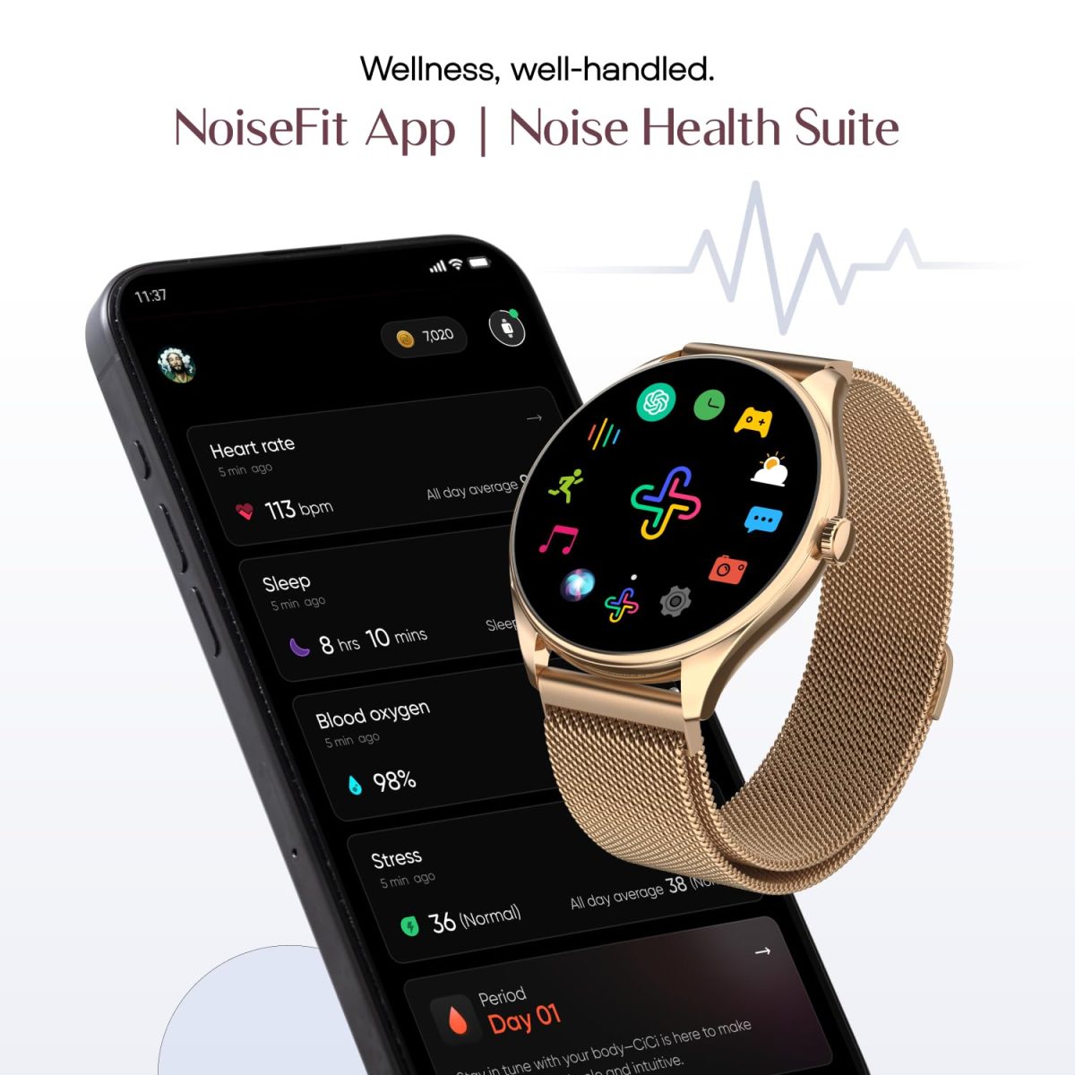 Noise Twist 2 Smart Watch with 1.43” AMOLED Screen, AI Search & Voice Assistant, Bluetooth Calling, Stainless Steel Back, 7-Day Battery, 100+ Watch Faces, Health Suite, IP68 (Gold Link) - Image 9