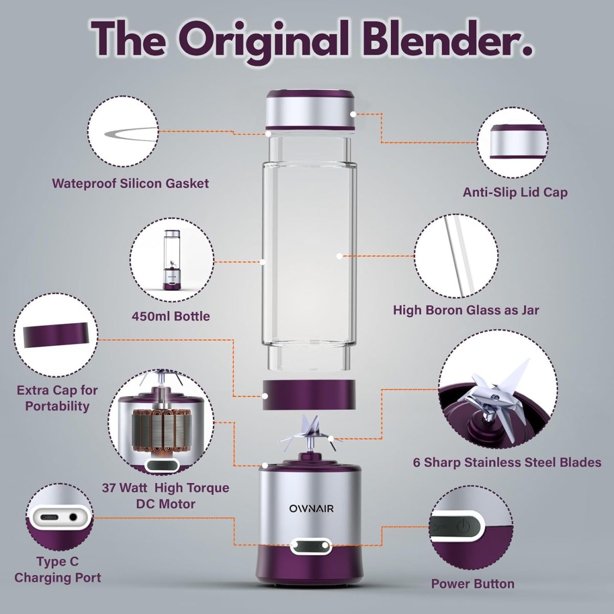 OWNAIR Portable Blender For Smoothie & Juices, Portable Juicer mixer grinder, baby food blender, Type C, 5000 mah battery, Smoothie maker blender, 450ml, Stainless Steel, 240 Watts, Grey - Image 4