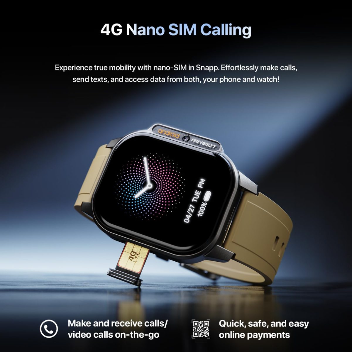 Fire-Boltt Snapp Smart Watch, Selfie Camera, 4G Nano-SIM Slot, 54.1mm AMOLED Display, Play Store- Unlimited apps, 1000mAh Battery, 2GB/4GB RAM + 16GB/64GB ROM (Alpine Olive) - Image 6