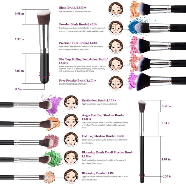 CHITROSE Synthetic Makeup Brush Set, Black/Silver, 10 Pieces Brush in 1 Pack