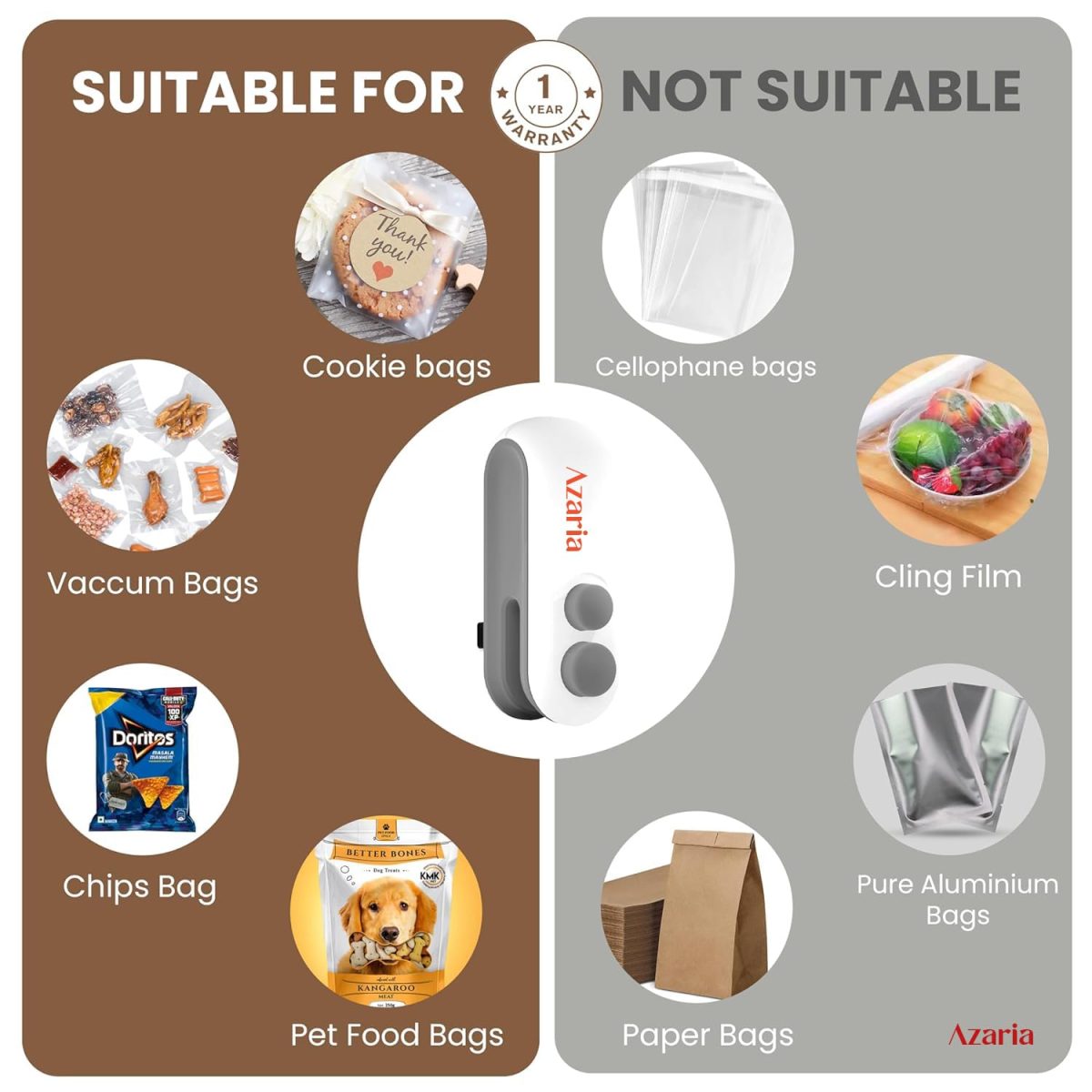 Azaria Portable Mini Sealing Machine, Handheld Packet Sealer, portable sealing machine, packet sealer for Food, Snacks, Chips, Fresh Storage, Plastic Bags Sealing Machine, 1 YEAR Warranty - Image 2