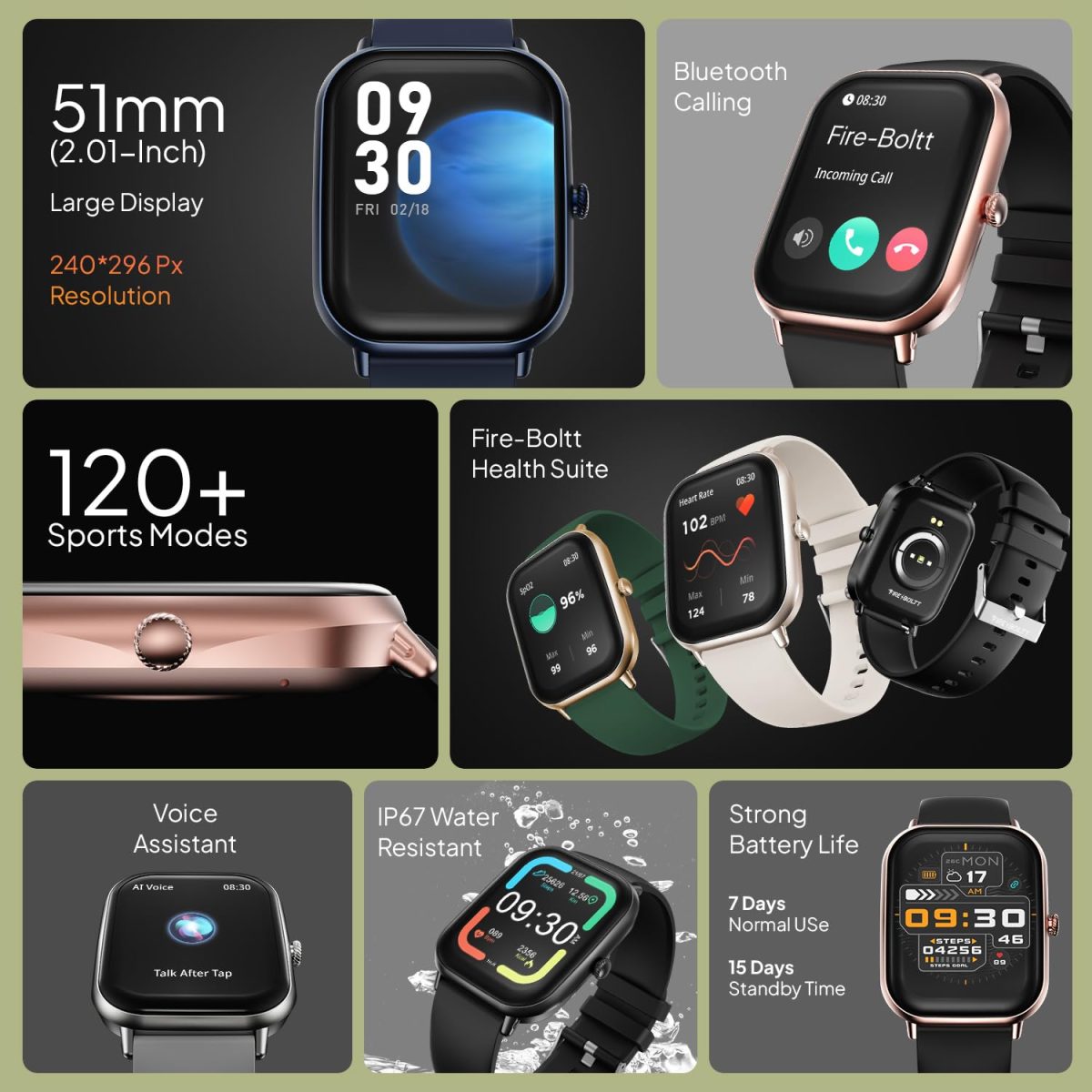 Fire-Boltt Ninja Call Pro Max Smart Watch 2.01 inch Display, Bluetooth Calling, 120+ Sports Modes, Health Suite, Voice Assistance (Forest Green) - Image 3