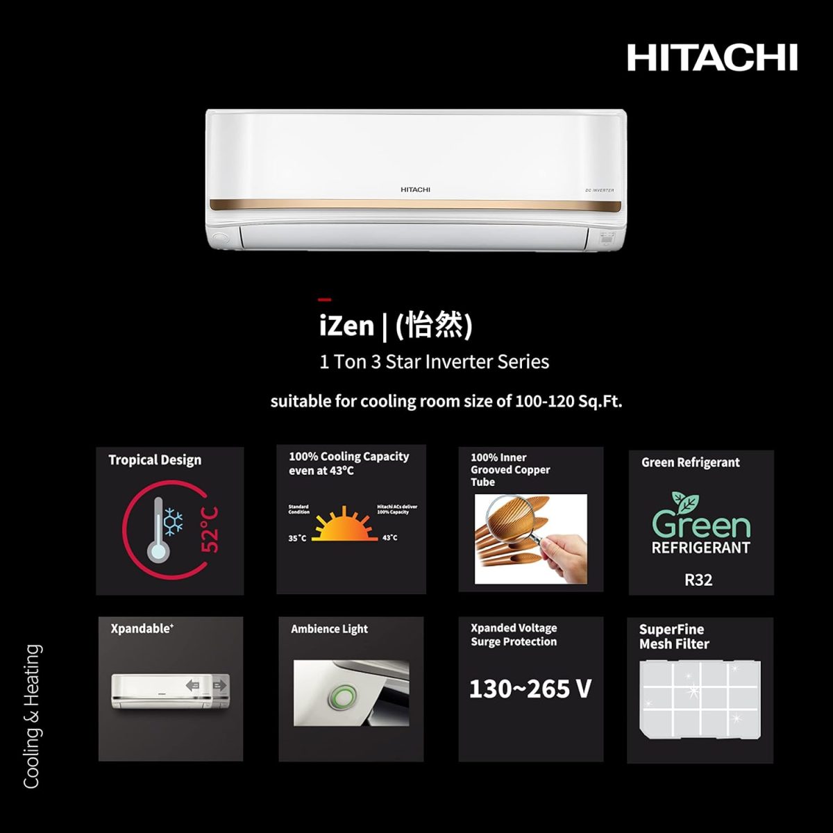 Hitachi 1 Ton 3 Star ice Clean Xpandable Plus Inverter Split AC (100% Copper, Dust Filter, iZen 3400FXL, R32-RAS.G312PCAISF, Dual Gold) - Image 2