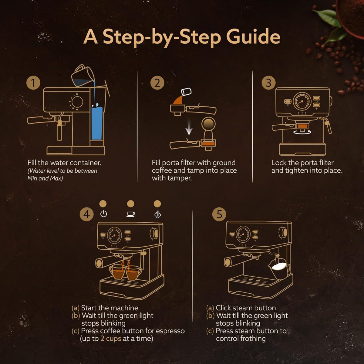 AGARO Imperial Espresso Coffee Maker, Coffee Machine, 15 Bars, With Foaming Milk, Frother Wand for Espresso, Cappuccino, Latte and Mocha, Steam Espresso Maker For Home, Adjustable Milk Frothing and Double Temperature Control System, Stainless Steel, 1100W. - Image 4