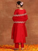 INDO ERA Women Rayon Viscose Yoke Zari Floral Straight Kurta Set & Pant With Embroidered Scalloped Dupatta Set - Image 3