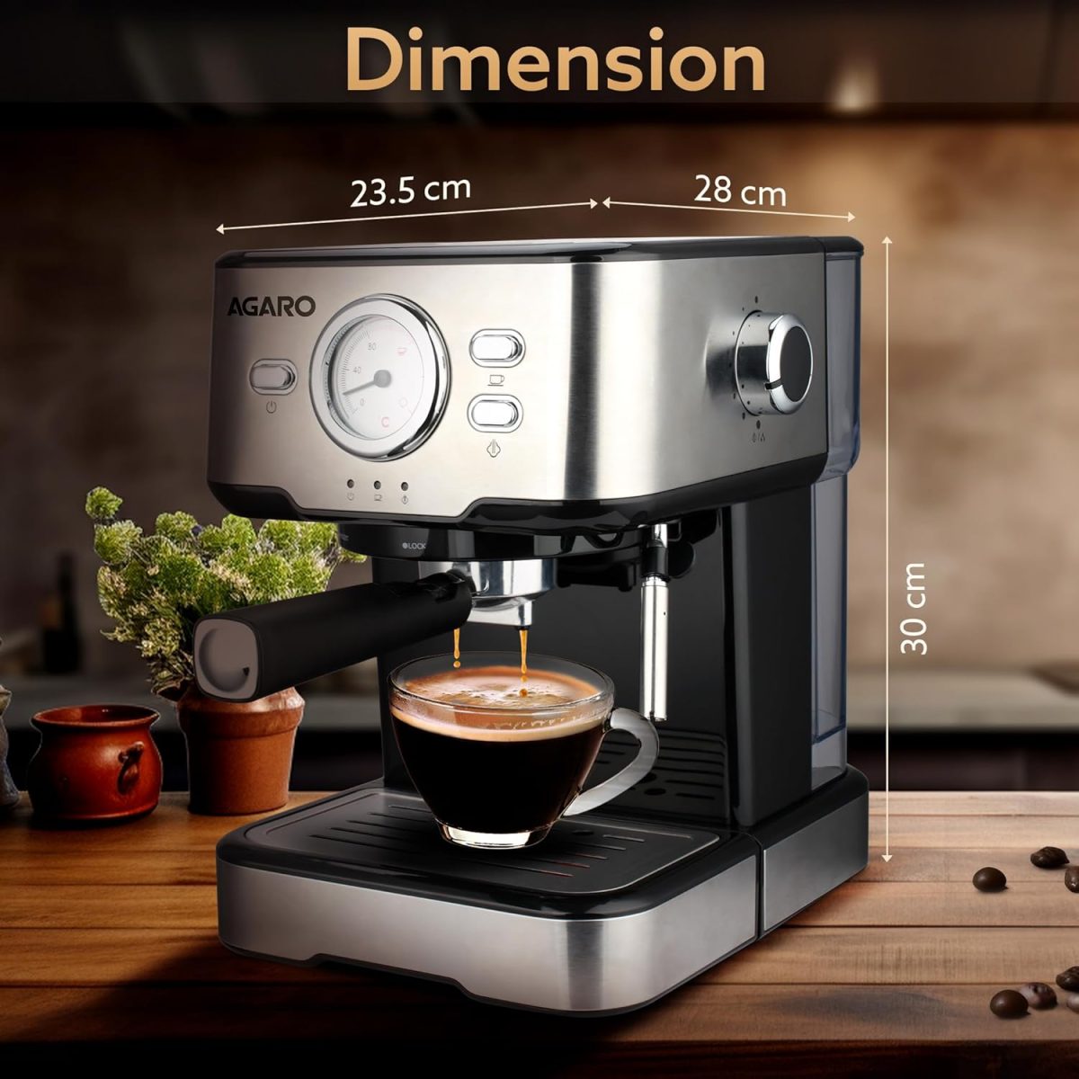 AGARO Imperial Espresso Coffee Maker, Coffee Machine, 15 Bars, With Foaming Milk, Frother Wand for Espresso, Cappuccino, Latte and Mocha, Steam Espresso Maker For Home, Adjustable Milk Frothing and Double Temperature Control System, Stainless Steel, 1100W. - Image 7