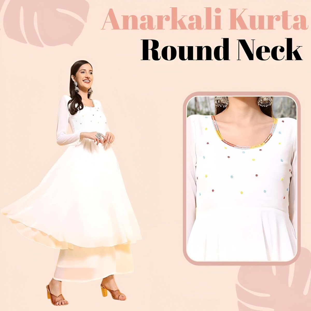 PH POSHAKHUB Women Georgette Hand Embroidery Round Neck and Front Yoke Anarkali Kurta - Round Neck Kurta - Image 3