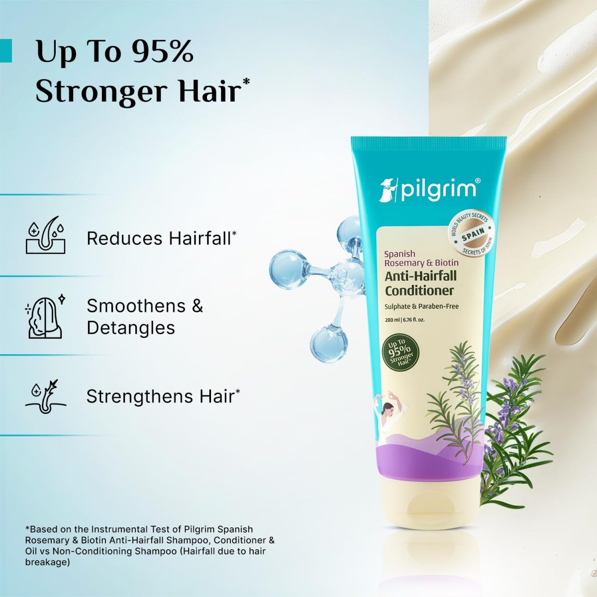 Pilgrim Spanish Rosemary & Biotin Anti Hairfall Conditioner for Reducing Hair Loss & Breakage | Upto 95% stronger hairs | Suitable for all hair types | For Men & Women 200ml - Image 3