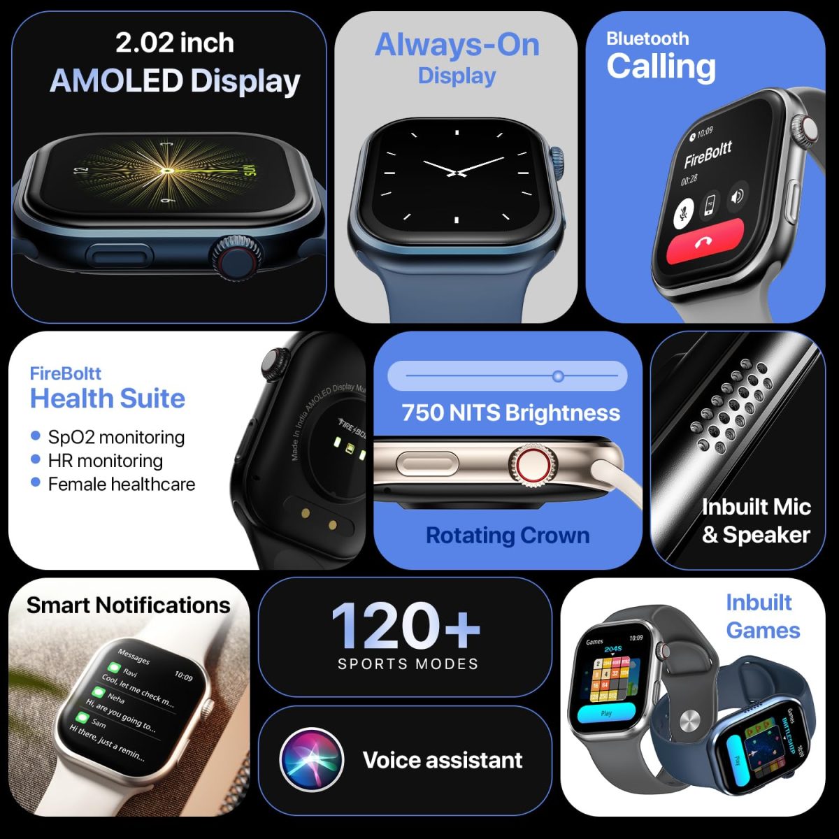 Fire-Boltt Brillia Smart Watch with 51.3mm (2.02 inch) AMOLED Display, Bluetooth Calling, SpO2, Heart Rate Monitoring, 120+ Sports Modes (Brillia, Dark Grey) - Image 3