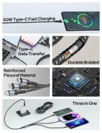COSTAR 60W 3-in-1 Multi Fast Charging Cable – 3A Nylon Braided 1.5M Cable with Lightning, Type-C & Micro USB for iPhone, iPad, Samsung, OnePlus, Xiaomi, Oppo, Vivo, Android & Car Charging (Black) - Image 2