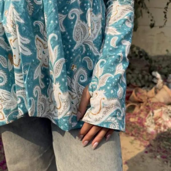 New Printed Short Blue Full Sleeves Top for Women