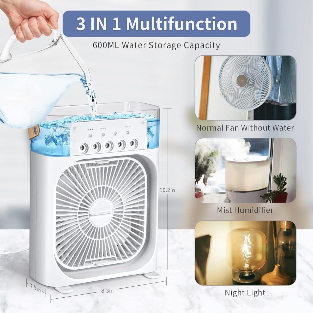 REIDEL Portable Air Cooler & Humidifier - Mini Cooler for Home, Office, Kitchen - 3 Speed Mode - Water Spray - 7 Color LED - Timer - USB Personal Cooler - Desk Fan - Image 7