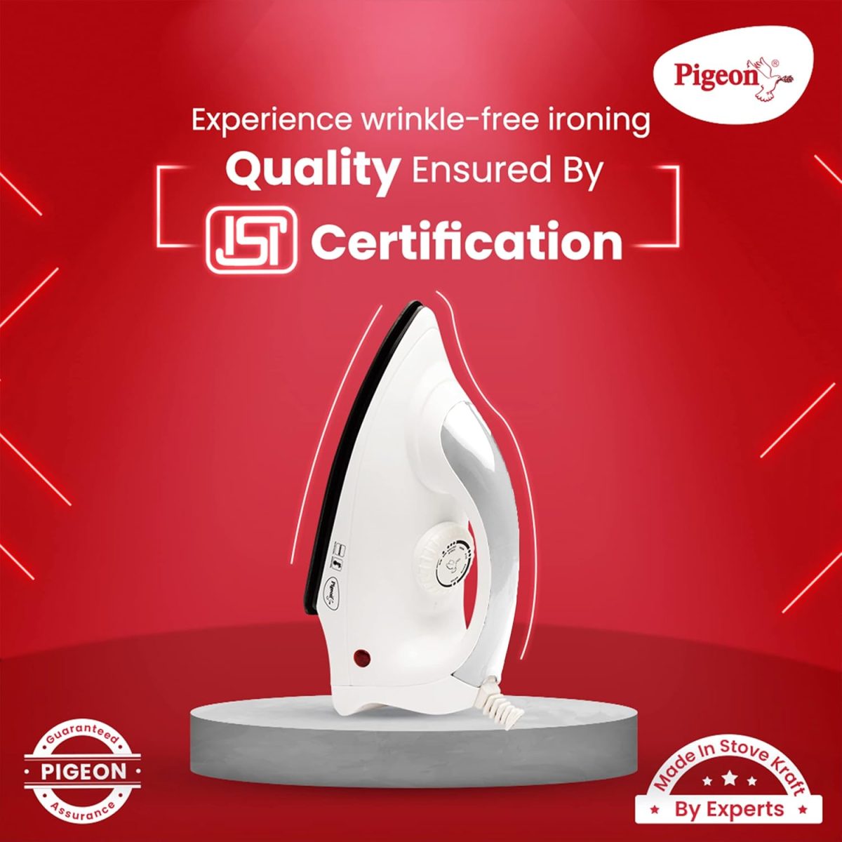 Pigeon 1000 Watts Dry Iron Greblon Dual Non Sick Sole Plate with German Coating Technology | 360 Cord Swivel | Thermal Safety Fuse | WHITE - Image 3