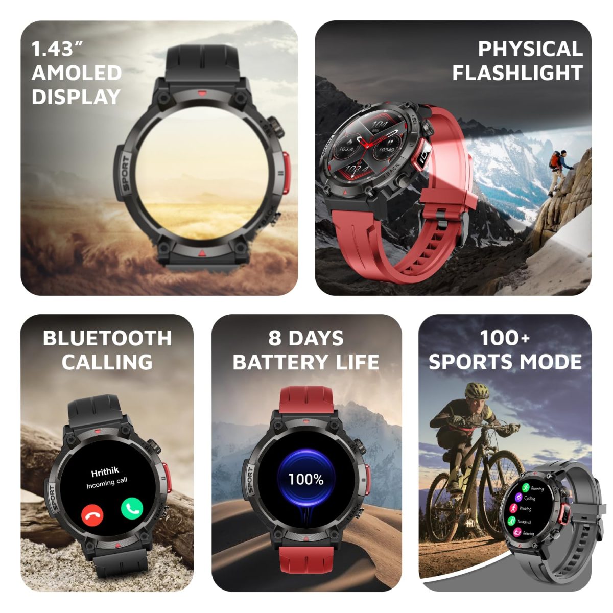 Cult Ranger XR1-1.43" AMOLED Display,Outdoor Rugged Smartwatch for Men, Bluetooth Calling, 8 Days Battery, Continous Heart Rate,100+ Sports Mode, Live Cricket Score, Built-in Flashlight, Free Strap - Image 2