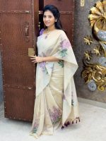 Murti Creation Women Digital Printed Plain Cotton Linen Saree With Blouse Pcs (Main)