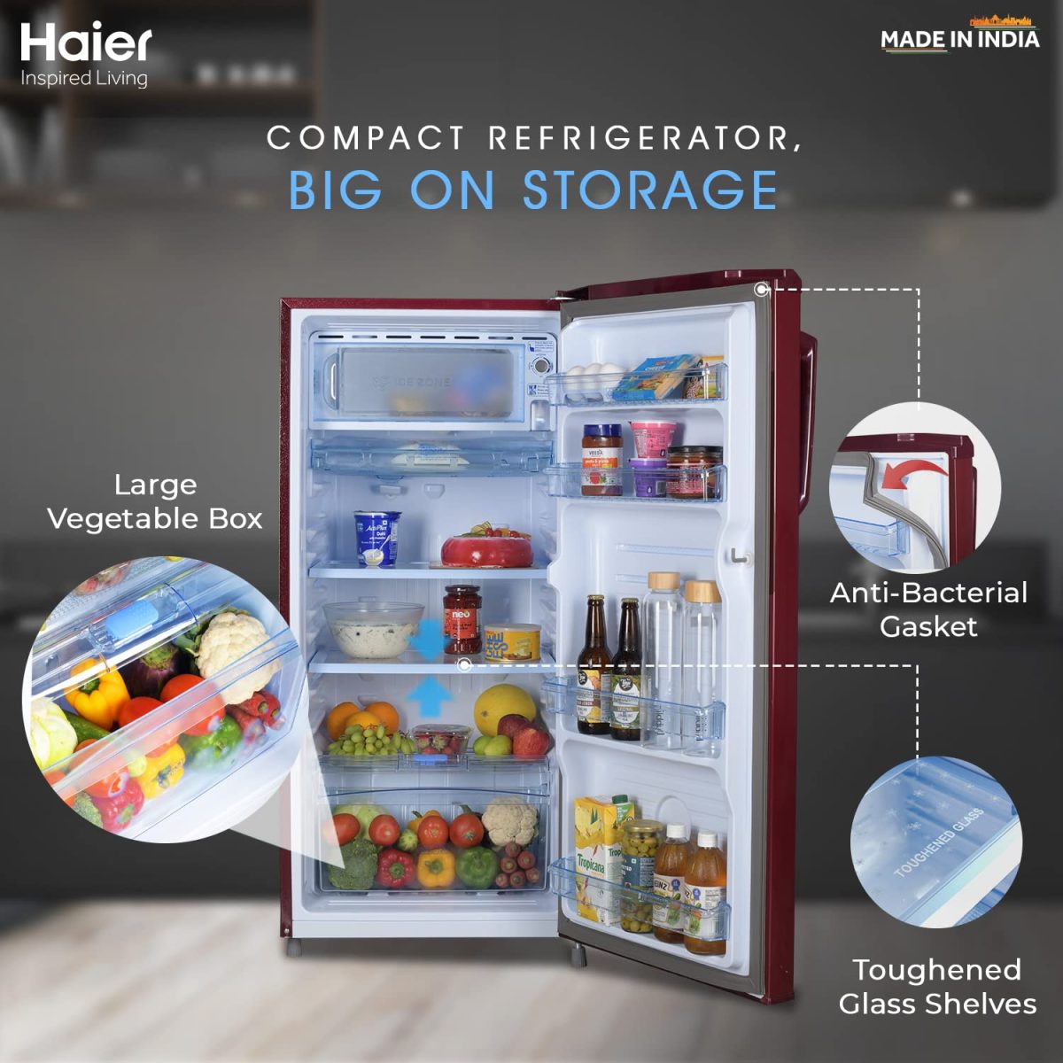 Haier 185 L 2 Star Direct Cool Single Door Refrigerator Appliance (2023 Model, HED-192RS-P, Red Steel) - Image 4