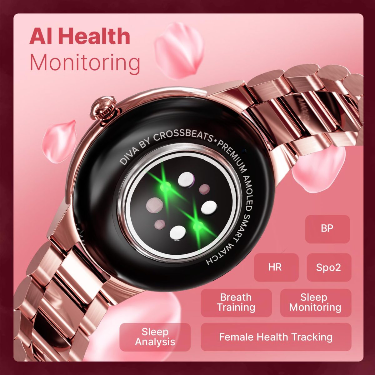 CrossBeats Diva 1.28” Stylish Smart Watch for Women with Stone Studded Bezel| Amoled Display | Female Health Tracker | 100+Sports Modes| Premium Metal Smartwatch with Wireless Charging - (Rose Gold) - Image 6