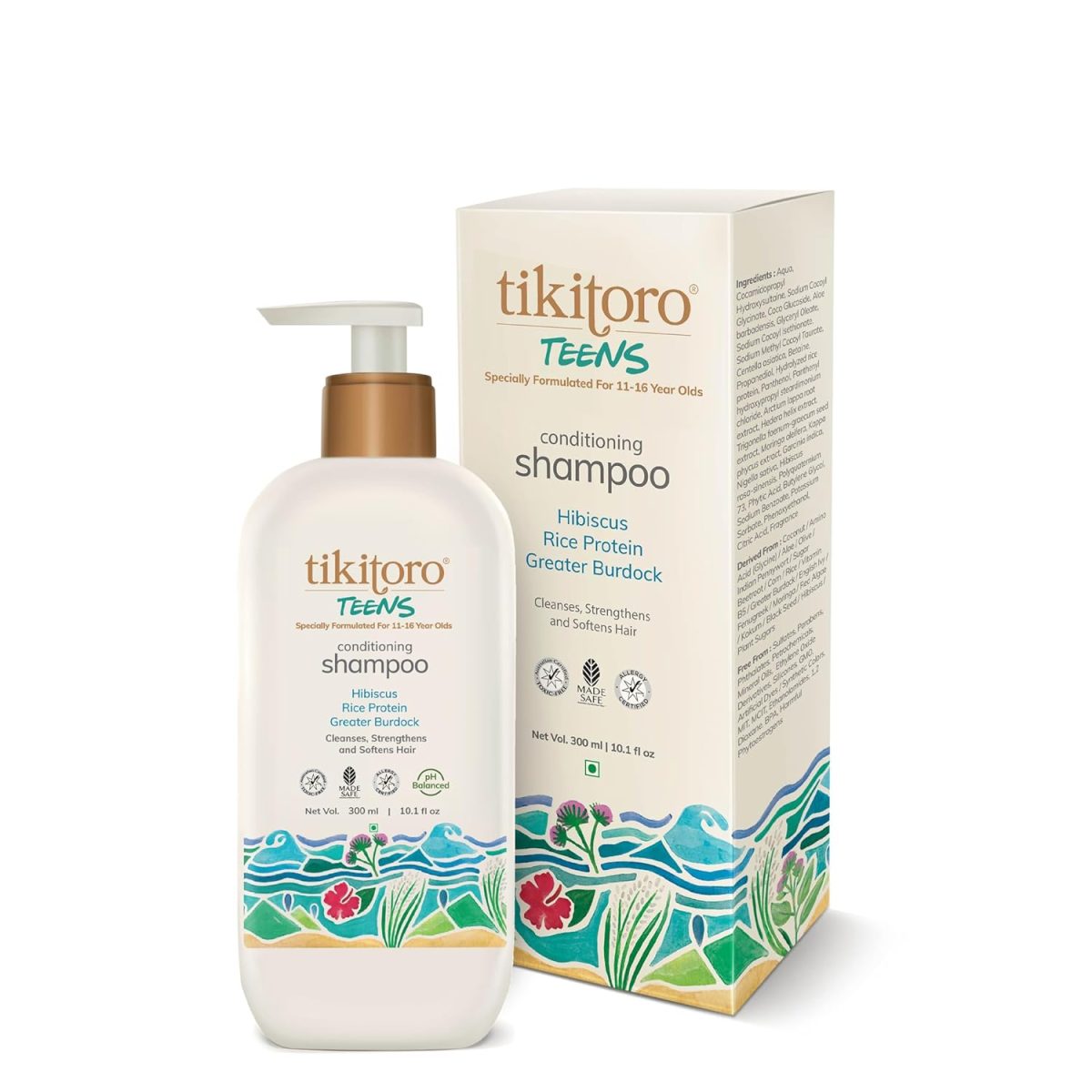 Tikitoro Teens Conditioning Shampoo 100% Vegan with Hibiscus, Rice Protein, Greater Burdock Extract, Cleanses, Strengthens & Softens Hairs, (Age: 11+) (300ml x 1) - Image 7