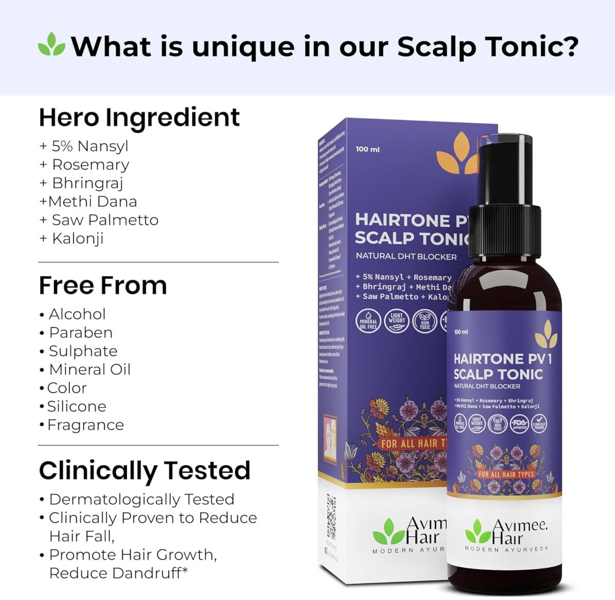 Avimee Herbal Hairtone PV 1 Scalp Tonic | Natural DHT Blocker & Fights Hair Fall | With Rosemary, Saw Palmetto, Amla, Methi & Bhringraj Extracts | Serum For Men & Women | 100 ml - Image 3