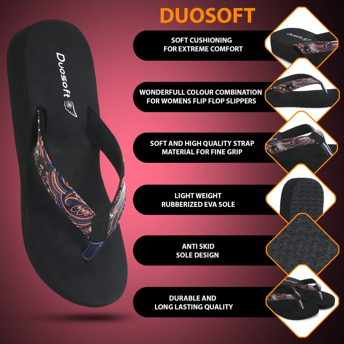 DOCTOR WALK Women's Paisley Print Flip Flops, Black Platform Sandals, Comfort Thong Slippers - Image 4