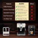 AGARO Imperial Espresso Coffee Maker, Coffee Machine, 15 Bars, With Foaming Milk, Frother Wand for Espresso, Cappuccino, Latte and Mocha, Steam Espresso Maker For Home, Adjustable Milk Frothing and Double Temperature Control System, Stainless Steel, 1100W. - Image 6